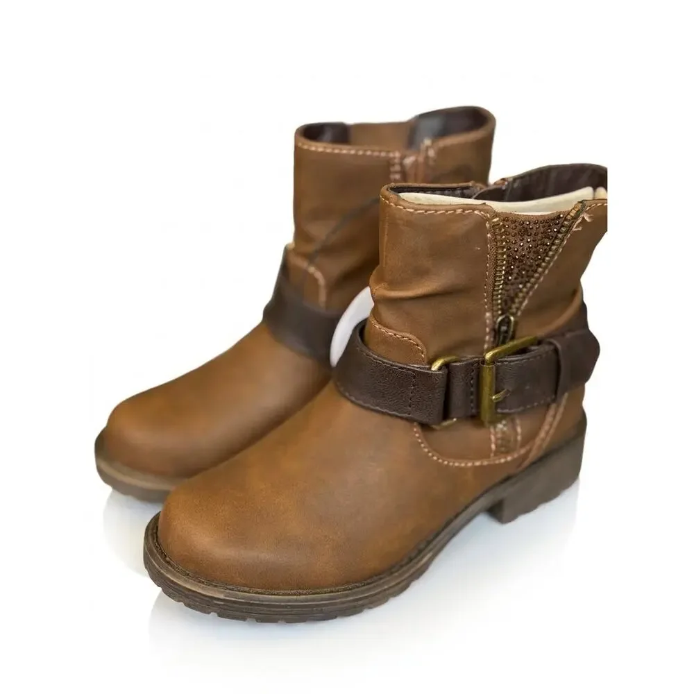 NEW! Pop Tali Brown Size 12M Girls Biker Ankle Boots / Motorcycle Vegan Bootie